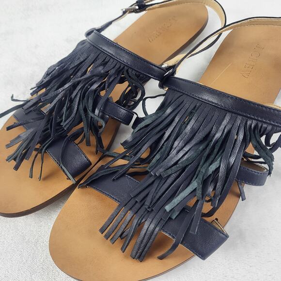 J.Crew Fringe Leather Slingback Adjustable Buckle Sandals Flats in Black | 10 - Picture 2 of 8
